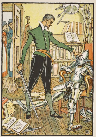 Don Quixote testet seinen Helm, Illustration aus 
